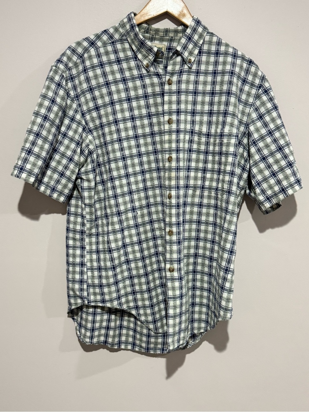 Vintage 80s LL Bean Medium 21” X 29” Button Up Seersucker  Cotton USA Blue Green